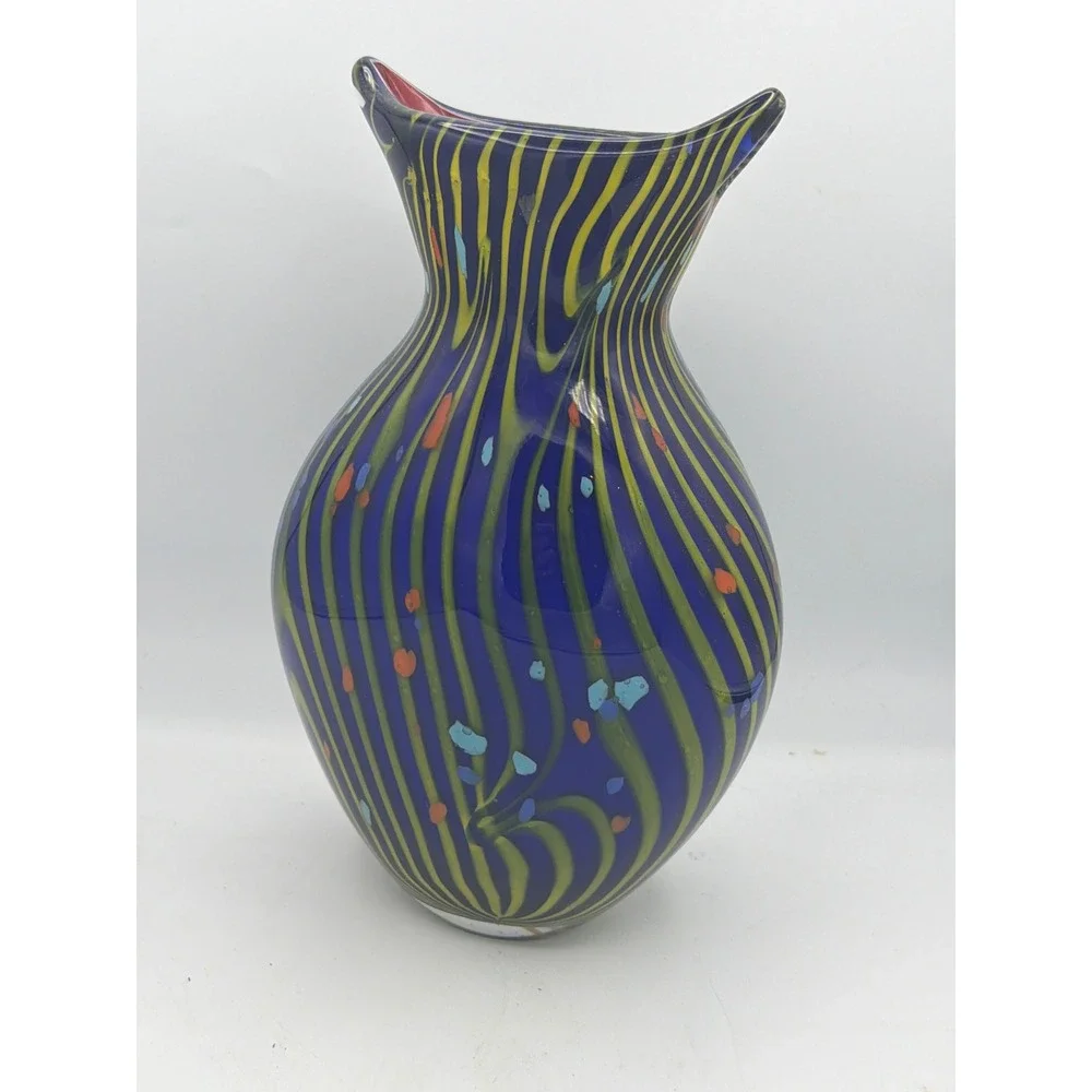 Vintage Hand Blown Art Glass Vase Blue with Yellow Stripes & Pink Rim 10